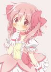  1girl absurdres blush bow bubble_skirt commentary_request dress frilled_skirt frilled_sleeves frills gloves grey_background hair_between_eyes hair_bow hand_up heart highres hitode kaname_madoka kaname_madoka_(magical_girl) long_hair looking_at_viewer magical_girl mahou_shoujo_madoka_magica mahou_shoujo_madoka_magica_(anime) parted_lips pink_bow pink_dress pink_eyes pink_hair puffy_short_sleeves puffy_sleeves short_dress short_sleeves simple_background skirt solo twintails white_gloves white_skirt 