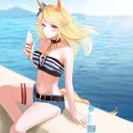  1girl animal_ears arm_support bandeau bare_shoulders belt black_belt black_choker blonde_hair blue_eyes blue_sky blush bow breasts chain choker cleavage cloud collarbone commentary_request cowboy_shot cutoffs day denim denim_shorts ear_bow ear_covers floating_hair food gold_chain gold_city_(umamusume) highres holding holding_food horse_ears horse_girl horse_tail ice_cream_cone kabu_usagi light_rays long_hair looking_at_viewer medium_breasts midriff mountainous_horizon navel no_gloves no_jacket ocean outdoors parted_lips ramune shadow short_shorts shorts sidelocks signature sitting sky solo striped_bandeau sunbeam sunlight swept_bangs tail textless_version thigh_strap umamusume 