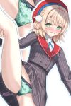  1girl ades_clus beret blonde_hair blunt_bangs blush commentary_request green_eyes green_panties hair_ornament hair_rings hat highres holding_own_leg indie_virtual_youtuber kneepits leg_lift long_sleeves looking_at_viewer multiple_views open_mouth panties pinstripe_jacket pinstripe_pattern pinstripe_skirt pom_pom_(clothes) pom_pom_hair_ornament red_hat red_sailor_collar sailor_collar shigure_ui_(1st_costume)_(vtuber) shigure_ui_(vtuber) shirt short_hair side_up_ring signature split standing standing_on_one_leg standing_split underwear virtual_youtuber white_shirt 