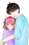  1boy 1girl absurdres antenna_hair black_ribbon black_shirt blue_eyes blunt_bangs blush butterfly_hair_ornament casual closed_mouth commentary couple eyes_visible_through_hair from_side go-toubun_no_hanayome hair_between_eyes hair_ornament hair_ribbon height_difference hetero highres hug looking_at_viewer medium_hair nakano_nino nose nose_blush purple_shirt ribbon role_reversal shirt short_hair short_sleeves simple_background straight_hair tongue tongue_out tsubomi_hanami two_side_up uesugi_fuutarou upper_body v-shaped_eyebrows white_background yellow_eyes 