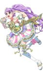  1girl :d absurdres blunt_bangs boots commentary_request detached_sleeves double_v dress frilled_dress frilled_sleeves frills full_body hands_up high_heel_boots high_heels highres idol_clothes long_hair manaka_non masunikuru open_mouth pretty_series pripara purple_eyes purple_hair side_ponytail simple_background smile solo standing standing_on_one_leg star_(symbol) star_print strapless strapless_dress thigh_boots v white_background white_boots 