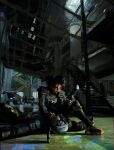  1girl 3boys armored_bodysuit armored_boots bodysuit boots closed_mouth clothes_writing commentary concept_art craig_mullins cyberpunk english_commentary full_body grey_bodysuit gun handgun highres holding holding_gun holding_weapon indoors iron_demon_(oni) konoko_(oni) lorraine_reyes_mclees mateba_2006m mecha multiple_boys official_art oni_(game) painterly photoshop_(medium) pinned police police_uniform policewoman purple_hair red_lips reflective_floor revolver robot science_fiction serious shade short_hair shoulder_pads sidelighting sideways_glance squatting stairs tactical_clothes third-party_source weapon 