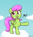  cloud digital_media_(artwork) equid equine eyelashes feathered_wings feathers female feral folded_wings friendship_is_magic green_body green_feathers hair happy hasbro heretichesh hi_res mammal merry_may_(mlp) my_little_pony open_mouth open_smile pegasus pink_eyes pink_hair pink_tail smile tail wings 