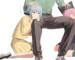  1boy 2girls animal_ears animal_hat ascot black_shoes black_skirt black_socks blue_hair blush cat_hat closed_eyes fake_animal_ears full_body genderswap genderswap_(mtf) green_shirt hair_over_one_eye hand_on_another's_leg hat headpat heart highres invisible_chair jewelry luther_von_ivory multiple_girls nyen_(randal's_friends) nyon_(randal's_friends) orange_ascot pink_hair randal's_friends ring sailor_collar seiza shirt shoes short_hair sitting skirt sleeping socks spread_legs ssos_o19 white_background white_shoes white_socks yellow_skirt 
