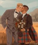  2boys astheriii beard black_bow black_bowtie black_jacket black_necktie blonde_hair bouquet bow bowtie brown_hair call_of_duty call_of_duty:_modern_warfare_2 closed_eyes cloud collared_shirt commentary english_commentary facial_hair field flower ghost_(modern_warfare_2) grey_pants grey_suit hand_in_pocket highres holding holding_bouquet jacket kilt kiss lapels long_sleeves male_focus multiple_boys neck_tattoo necktie notched_lapels outdoors pants plaid_clothes red_flower shirt short_hair short_sideburns sideburns sky soap_(modern_warfare_2) suit suit_jacket tattoo tree wheat_field white_flower white_shirt wing_collar yaoi 
