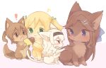  ! aijo_karen animal animal_focus animal_with_hair animalization black_hair blonde_hair blush brown_eyes brown_hair cat closed_mouth commentary daiba_nana eighth_note green_eyes hair_ornament long_hair musical_note nako_(user_wnnm5534) no_humans open_mouth purple_eyes saijo_claudine shoujo_kageki_revue_starlight tendo_maya twintails x_hair_ornament 