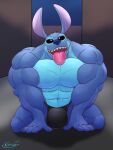 2025 alien anthro biceps blue_body blue_fur bulge clothing deltoids disney fur hi_res kneeling lilo_and_stitch male mammal muscular muscular_male pecs rikuoxas solo stitch_(lilo_and_stitch) thong tongue tongue_out underwear