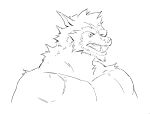  2024 anthro black_and_white bust_portrait canid digital_drawing_(artwork) digital_media_(artwork) eyebrows front_view fur hi_res kingarthur_i line_art looking_aside male mammal monochrome nude nude_anthro nude_male pointy_ears portrait pupils simple_background slit_pupils snout solo teeth tongue_showing white_background 