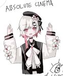  1girl absolute_cinema_(meme) belt beret black_choker black_coat black_hat choker coat collared_coat commentary_request english_text flower flower-trimmed_sleeves foopy gradient_hair hair_flower hair_ornament hat hat_flower hat_ribbon long_sleeves looking_at_viewer mahou_shoujo_no_majo_saiban meme multicolored_hair neck_ribbon open_mouth pink_eyes pink_hair puffy_sleeves raised_eyebrows ribbon sakuraba_ema shirt short_hair simple_background sleeveless sleeveless_coat solo white_background white_hair white_ribbon white_shirt white_sleeves x_hair_ornament 