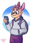  anthro antlers backpack cellphone clothed clothing eyewear fur glasses hi_res holding_object holding_phone horn jackalope lagomorph looking_at_object looking_at_phone male mammal phone pink_marky shaded simple_background simple_shading smile solo sweatshirt uniform yellow_body yellow_fur 