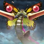  1girl blonde_hair breasts butterfly_wings caterpillar cloud cloudy_sky crepuscule_de_la_reine day debris dual_wielding holding insect_wings lance large_breasts long_hair magia_record:_mahou_shoujo_madoka_magica_gaiden mahou_shoujo_madoka_magica mahou_shoujo_tart_magica masu_gitsune monster official_art outdoors polearm screaming sky solo storm weapon wings witch_(madoka_magica) 