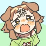  1girl animal_ears blush brown_hair collarbone crying crying_with_eyes_open dog_ears dog_girl dot_nose food_print forehead_writing green_shirt haru_(umiko_zzz) highres open_mouth orange_eyes original portrait shirt simple_background solo tears tic-tac-toe umiko_zzz 