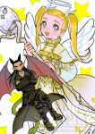  1boy 1girl angel_wings artist_name bird black_boots black_hair black_jacket black_pants blonde_hair blue_eyes boots commentary_request crossed_arms crossed_legs demon_wings dragon_quest dragon_quest_builders_2 dress earrings female_builder_(dqb2) hair_horns hair_ribbon highres holding holding_staff jacket jewelry long_hair mouyi open_mouth owl pants pendant_choker pointy_ears red_eyes ribbon sample_watermark sidoh_(dqb2) smile snake staff star_(symbol) star_earrings twintails watermark white_background white_dress white_ribbon white_wings wings 