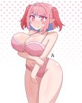  1girl arm_under_breasts blue_hair blush bra breasts cleavage closed_mouth colored_inner_hair commentary demon_girl dotted_background english_commentary highres huge_breasts itsmario_art kanan-sama_wa_akumade_choroi kanan_(kanan-sama) multicolored_hair navel nervous_smile panties pink_bra pink_eyes pink_hair pink_panties pointy_ears short_hair signature simple_background slit_pupils smile solo stomach sweatdrop underwear 