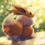  blurry blurry_background brown_eyes commentary_request eevee fluffy from_behind momomo12 no_humans parted_lips pokemon pokemon_(creature) pokemon_focus sitting twitter_username 