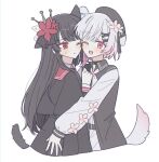  2girls animal_ears beret black_capelet black_choker black_coat black_dress black_hair black_hat black_shirt black_skirt capelet cat_ears cat_girl cat_tail cheek-to-cheek choker closed_mouth coat collared_coat collared_shirt commentary_request crown dog_ears dog_girl dog_tail dress eh_1315 flower flower-trimmed_sleeves gradient_hair hair_flower hair_ornament hat hat_flower hat_ribbon heads_together highres hug kemonomimi_mode korean_commentary long_hair long_sleeves mahou_shoujo_no_majo_saiban multicolored_hair multiple_girls neck_ribbon nikaido_hiro one_eye_closed open_mouth pink_eyes pink_hair puffy_sleeves red_eyes red_flower ribbon sakuraba_ema shirt short_hair side_capelet simple_background skirt smile tail white_background white_flower white_hair white_ribbon white_shirt white_sleeves x_hair_ornament 