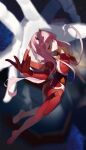  1girl absurdres bodysuit breasts closed_mouth commentary darling_in_the_franxx english_commentary full_body green_eyes hair_between_eyes hand_on_own_chest highres horns large_breasts long_hair long_sidelocks looking_at_viewer mecha mecha_pilot_suit pink_hair red_bodysuit red_horns robot sidelocks star_(sky) strelizia zero_two_(darling_in_the_franxx) zhileng_zhil 