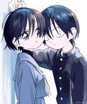  1boy 1girl black_hair commentary_request couple crutch expressionless gakuran grey_eyes highres looking_at_viewer original parted_lips school_uniform serafuku short_hair slit_pupils takanashi_atashi upper_body 