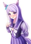  1girl absurdres animal_ears aqua_bow blush bow bowtie breasts collarbone commentary_request ear_bow ear_ribbon highres horse_ears horse_girl horse_tail long_hair long_sleeves looking_at_viewer mejiro_mcqueen_(umamusume) open_mouth pleated_skirt purple_eyes purple_hair purple_sailor_collar purple_serafuku purple_shirt purple_skirt sailor_collar sailor_shirt school_uniform serafuku shirt simple_background skirt small_breasts smile solo sonicxeon tail tracen_school_uniform umamusume white_background white_bow white_bowtie 