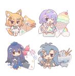  >_o 4girls :3 animal_ear_fluff animal_ears bag bagged_fish bird_hair_ornament black_wings blonde_hair blue_hair blue_hat blue_kimono bow bowtie candy_hair_ornament cape capelet chibi chibi_only closed_mouth commentary_request crepe dress fish food food-themed_hair_ornament food_art fox_ears fox_girl fox_tail green_bow green_bowtie hair_between_eyes hair_bow hair_ornament hairband hat highres himemushi_momoyo holding holding_food ice_cream ice_cream_cone iizunamaru_megumu japanese_clothes kimono kudamaki_tsukasa lollipop_hair_ornament long_hair looking_at_viewer macaron_hair_ornament mini_person minigirl multicolored_dress multicolored_hairband multiple_girls one_eye_closed onigiri onigiri_hair_ornament open_mouth orange_bow orange_bowtie pointing pointing_down pointing_up purple_hair rainbow_gradient rainbow_hairband romper silverrain sitting skewer sky_print smile tail tako-san_wiener tenkyuu_chimata tenkyuu_chimata_pose test_tube tokin_hat touhou two-sided_cape two-sided_fabric very_long_hair wafer_stick white_cape white_capelet wings 