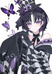  1girl bare_shoulders black_gloves black_hair black_kimono bow bug butterfly butterfly_hair_ornament checkered_sleeves commentary_request flower furisode gloves hair_ornament hat hat_flower highres housho_margo japanese_clothes kimono lolita_fashion long_sleeves looking_at_viewer mahou_shoujo_no_majo_saiban mini_hat mini_top_hat mumesan2 neck_ribbon off_shoulder parted_bangs purple_butterfly purple_eyes ribbon short_hair simple_background solo top_hat wa_lolita white_background wide_sleeves 