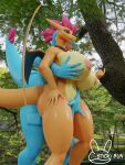  2022 3d_(artwork) anthro areola beckoning big_breasts blue_body breasts charizard claws detailed_background digital_media_(artwork) dragon duo female female/female feraligatr fingering generation_1_pokemon generation_2_pokemon genitals gesture hi_res holding_breast huge_breasts looking_at_viewer nintendo nipples nude outside penetration pink_areola pink_nipples plant pokemon pokemon_(species) scalie seductive sky standing sticki_bun thick_thighs tongue tongue_out tree vaginal vaginal_fingering wings yuki_(evov1) 