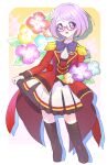  1girl :d aikatsu!_(series) aikatsu_stars! blue_bow blue_bowtie blue_flower bow bowtie commentary_request cropped_legs drop_shadow epaulettes feet_out_of_frame floral_background flower glasses hair_flower hair_ornament jacket long_sleeves looking_at_viewer moudoku_(decopon3rd) nanakura_koharu open_mouth pink-framed_eyewear pink_flower pleated_skirt purple_eyes purple_hair red_jacket s4_uniform semi-rimless_eyewear short_hair skirt smile solo standing under-rim_eyewear white_skirt 