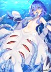  1girl bar_censor bare_shoulders blue_eyes blue_hair borrowed_character censored commentary_request day flat_chest gills highres merfolk mermaid monster_girl nasuuni original petite restrained short_hair_with_long_locks solo tentacle_in_mouth tentacle_sex tentacles unconventional_merfolk underwater vaginal 