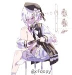  1girl absurdres artist_name beret black_choker black_coat black_hat choker coat collared_coat dressing flower flower-trimmed_shorts flower-trimmed_sleeves foopy frilled_socks frills gradient_hair hair_flower hair_ornament hat hat_flower hat_ribbon highres long_sleeves mahou_shoujo_no_majo_saiban multicolored_hair neck_ribbon nikaido_hiro pink_eyes pink_hair puffy_sleeves ribbon sakuraba_ema shirt short_hair signature simple_background sleeveless sleeveless_coat socks solo thigh_strap watermark white_background white_hair white_ribbon white_shirt white_sleeves white_socks x_hair_ornament 