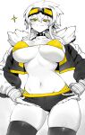  1girl absurdres bikini black_choker black_jacket black_shorts black_thighhighs blush breasts choker closed_mouth commentary_request fur-trimmed_jacket fur_trim goggles goggles_on_head greyscale hair_between_eyes hands_on_own_hips highres jacket large_breasts medium_hair monochrome niwamaru_(niwarhythm) niwarhythm open_clothes open_jacket original short_shorts shorts smile solo standing swimsuit thick_thighs thighhighs thighs yellow_bikini 