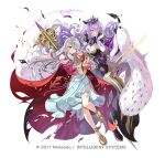 2girls armor armored_boots bare_shoulders boots breasts bridal_gauntlets camilla_(fire_emblem) camilla_(light_of_nohr)_(fire_emblem) cape circlet cleavage closed_mouth commentary_request curly_hair detached_sleeves dress fire_emblem fire_emblem:_radiant_dawn fire_emblem_fates fire_emblem_heroes full_body fur_trim gauntlets gloves grey_hair hair_ornament hair_over_one_eye hair_tubes holding jewelry large_breasts lips long_hair long_sleeves looking_at_viewer micaiah_(fire_emblem) micaiah_(queen_of_dawn)_(fire_emblem) multiple_girls official_art okuma_mai open_mouth purple_hair red_eyes solo staff tiara torn_clothes transparent_background white_hair wide_sleeves yellow_eyes 