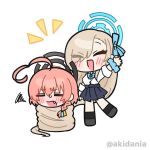  2girls :d ahoge arm_up asuna_(blue_archive) asuna_(school_uniform)_(blue_archive) asymmetrical_bangs blonde_hair blue_archive blue_bow blue_bowtie blue_halo blue_ribbon blue_scrunchie blush bow bowtie braid chibi chibi_only closed_eyes commentary_request facing_viewer hair_over_one_eye hair_ribbon halo huge_ahoge kitaru long_hair multiple_girls neru_(blue_archive) open_mouth pleated_skirt ribbon school_uniform scrunchie shirt simple_background skirt sleeves_rolled_up smile very_long_hair waving white_background white_shirt wrist_scrunchie 