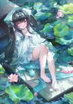  1girl absurdres aqua_dress azur_lane black_hair chang_feng_(a_sky_blue_eclipsing_jade)_(azur_lane) chang_feng_(azur_lane) chen_bin chinese_clothes commentary_request dress flower frilled_dress frilled_sleeves frills hanfu highres long_hair long_sleeves looking_at_viewer lotus lotus_leaf md5_mismatch official_alternate_costume open_mouth outdoors pantyhose pink_eyes sitting smile solo twintails white_pantyhose wide_sleeves 