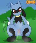  anomorashiaccount anthro blue_body blush bodily_fluids day female generation_4_pokemon genital_fluids genitals hi_res nintendo outside peeing pokemon pokemon_(species) pussy red_eyes riolu solo spread_legs spreading tail tail_motion urine watersports young 
