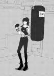 1girl artist_name blunt_bangs boots boxing_gloves commentary full_body gfriend greyscale looking_at_viewer monochrome pants parted_lips ponytail punching_bag sleeveless smile solo suspenders yuju_(gfriend) yuringi 