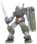  1970s_(style) commentary_request dougram energy_sword gundam highres holding holding_sword holding_weapon mecha mecha_focus mobile_suit mobile_suit_gundam retro_artstyle robot rx-78-2_gundam science_fiction shield shinohba sword taiyou_no_kiba_dougram v-fin weapon 