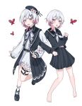  barefoot belt beret black_choker black_coat black_hat black_sailor_collar black_serafuku black_shoes black_skirt bug butterfly choker coat commentary_request fang flower flower-trimmed_shorts flower-trimmed_sleeves frilled_socks frills gradient_hair hair_flower hair_ornament hat hat_flower hat_ribbon highres long_hair long_sleeves looking_at_viewer mahou_shoujo_no_majo_saiban multicolored_hair mumesan2 neck_ribbon neckerchief o-ring o-ring_thigh_strap pink_eyes pink_hair puffy_sleeves red_butterfly ribbon sailor_collar sakuraba_ema school_uniform serafuku shoes short_hair simple_background skirt socks thigh_strap very_long_hair white_background white_hair white_neckerchief white_ribbon white_socks x_hair_ornament 