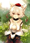  1girl animal_ears black_skirt bush closed_mouth commentary_request detached_sleeves grass hat highres inubashiri_momiji leaf_print light_blush light_smile on_ground outdoors pom_pom_(clothes) red_eyes revision ribbon-trimmed_sleeves ribbon_trim shirt short_hair signature sitting skirt solo soukou_(sankayou) sunlight tail tokin_hat touhou white_hair white_shirt wolf_ears wolf_girl wolf_tail 