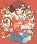  1girl blue_pants blush_stickers border bow brown_hair buttons closed_mouth collared_shirt commentary_request eeppa flower food fork frilled_shirt_collar frills fruit full_body grid_background hair_bow hair_flower hair_ornament hand_up highres index_finger_raised long_sleeves looking_at_viewer monkey original outside_border pants plate red_border red_bow red_shoes red_sweater round_border shirt shoes short_hair sidelocks sitting smile sneakers solo strawberry sweater wariza white_flower white_shirt yellow_background yellow_eyes 