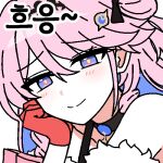 1girl blush closed_mouth colored_inner_hair commentary_request denia_(wuthering_waves) gloves hair_ornament head_rest korean_commentary korean_text lix_(iroiro3843) long_hair looking_at_viewer lowres multicolored_hair pink_hair purple_eyes purple_hair red_gloves smile solo sticker_(medium) translation_request wuthering_waves 