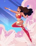  1girl absurdres amazon_warrior bird blue_eyes boots bracer breasts cloud commentary dc_comics dove dynamic_pose earrings english_commentary floating_hair flying from_side full_body gold_tiara highres jewelry knee_up lasso lasso_of_truth leotard long_hair luis_valero-suarez medium_breasts narrow_waist profile sky strapless strapless_leotard superhero_costume thigh_boots tiara very_long_hair wavy_hair wonder_woman wonder_woman_(series) 