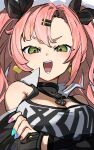  1girl :d aqua_nails bare_shoulders black_jacket black_ribbon blue_nails blush breasts cleavage clothes_writing clothing_cutout collar commentary_request crossed_arms curtained_hair dot_nose earrings green_eyes hair_ornament hair_ribbon hairclip heart heart_earrings heart_necklace highres jacket jewelry large_breasts long_hair looking_at_viewer loose_hair_strand mole mole_on_breast mugi626 multicolored_nails nail_polish necklace nicole_demara open_mouth parallel_hairclips parted_hair pink_hair pink_nails popped_collar red_nails ribbon short_eyebrows shoulder_cutout side_part sidelocks simple_background smile solo strapless tube_top twintails upper_body v-shaped_eyebrows very_long_hair watermark white_background white_collar white_tube_top zenless_zone_zero 