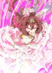  1girl animal_ears breasts brown_hair brown_tail commentary_request dress ear_covers electricity eye_trail gentildonna_(la_dama_perfetta)_(umamusume) gentildonna_(umamusume) gloves glowing glowing_eyes gold_tiara highres horse_ears horse_girl horse_tail large_breasts light_trail long_hair looking_at_viewer official_alternate_costume open_mouth pink_dress puffy_short_sleeves puffy_sleeves red_eyes running short_sleeves solo tail teeth tiara umamusume upper_teeth_only white_gloves zukki_(bijitaru) 