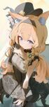  1girl absurdres animal_ear_fluff animal_ears black_hairband black_hat blue_archive blue_eyes cat_ears commentary dress flower grey_dress hairband halo hand_on_own_chest hat hat_flower highres idol idol_clothes long_hair looking_at_viewer low_twintails mari_(blue_archive) mari_(idol)_(blue_archive) mi_kan_(1101515378) official_alternate_costume orange_hair rose smile solo top_hat twintails yellow_flower yellow_halo yellow_rose 