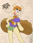 anthro aquatic big_breasts big_butt bikini bikini_bottom bikini_top breasts brown_body brown_fur butt clothing cyprinid cypriniform english_text female fish fur goldfish hi_res looking_at_viewer looking_back looking_back_at_viewer mammal mysterywhiteflame nickelodeon orange_body orange_scales purple_bikini purple_clothing purple_swimwear rodent sandy_cheeks scales sciurid solo speech_bubble spongebob_squarepants swimwear text thick_thighs tree_squirrel two-piece_swimsuit wide_hips 