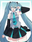  1girl aqua_belt aqua_eyes aqua_hair aqua_nails aqua_necktie bare_shoulders belt black_skirt black_sleeves black_thighhighs breasts chromatic_aberration collared_shirt commentary contrast_collar cowboy_shot detached_sleeves double-parted_bangs grey_shirt hair_between_eyes hair_ornament hatsune_miku hatsune_miku_(vocaloid6) heart heart_hair_ornament highres long_hair looking_at_viewer medium_breasts miniskirt nail_polish necktie number_tattoo one_eye_closed open_mouth pleated_skirt polka_dot polka_dot_background shirt sikakuinasu simple_background skindentation skirt sleeveless sleeveless_shirt striped_clothes striped_shirt tattoo teeth thick_thighs thighhighs thighs tie_clip twintails upper_body upper_teeth_only v v_over_eye vertical-striped_clothes vertical-striped_shirt very_long_hair vocaloid white_background zettai_ryouiki 