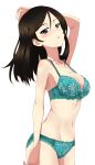  1girl bangs black_hair blue_eyes blush bra breasts collarbone commission floral_print girls_und_panzer green_bra green_panties hair_between_eyes kayabakoro large_breasts lingerie long_hair looking_at_viewer nonna_(girls_und_panzer) panties parted_lips pixiv_commission simple_background solo standing underwear white_background 