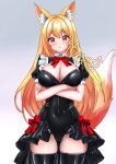  1girl :i absurdres animal_ear_fluff animal_ears arms_under_breasts black_leotard black_shrug black_thighhighs blonde_hair blush bow bowtie breasts cameltoe cleavage closed_mouth collar colored_inner_hair commentary_request covered_navel cowboy_shot crossed_arms fox_ears fox_girl fox_tail grey_background hair_between_eyes highres large_breasts leotard long_hair looking_at_viewer multicolored_hair orange_hair original pout puffy_short_sleeves puffy_sleeves red_bow red_bowtie red_eyes shiny_clothes short_sleeves shrug_(clothing) signature simple_background solo strapless strapless_leotard tail thighhighs uma_(uma_mohumohu) very_long_hair white_collar 
