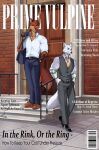 accessory anthro arctic_fox athletic athletic_anthro athletic_male black_nose bottomwear canid canine clock clothing cover duo english_text footwear fox fur hi_res jeff_winters magazine_cover male mammal necktie pants red_body red_fox red_fur roman_(woadedfox) shirt shoes smile standing text topwear true_fox vest watch white_body white_fur wristwatch zcorpionwulf
