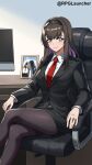  1girl alternate_costume arknights artist_name black_hairband black_jacket black_pantyhose blazer bright_pupils brown_hair buttons chair chinese_commentary closed_mouth collared_shirt colored_inner_hair commentary_request crossed_legs doctor_(arknights) hairband highres jacket jewelry lapels long_hair long_sleeves monitor multicolored_hair necktie office_lady on_chair pantyhose picture_frame pink_eyes pink_hair priestess_(arknights) red_necktie ring rpglauncher1157886717 shirt smile solo split_mouth swivel_chair watermark white_pupils white_shirt 
